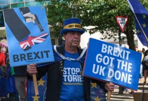 Manifestant anti-Brexit tenant des pancartes critiques envers le Brexit