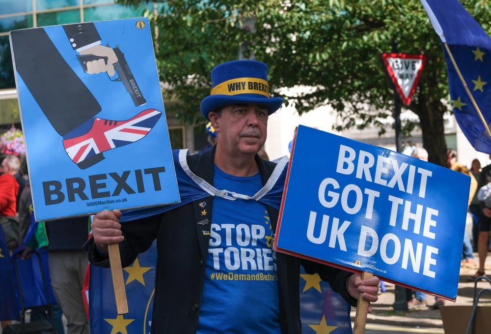 Manifestant anti-Brexit tenant des pancartes critiques envers le Brexit