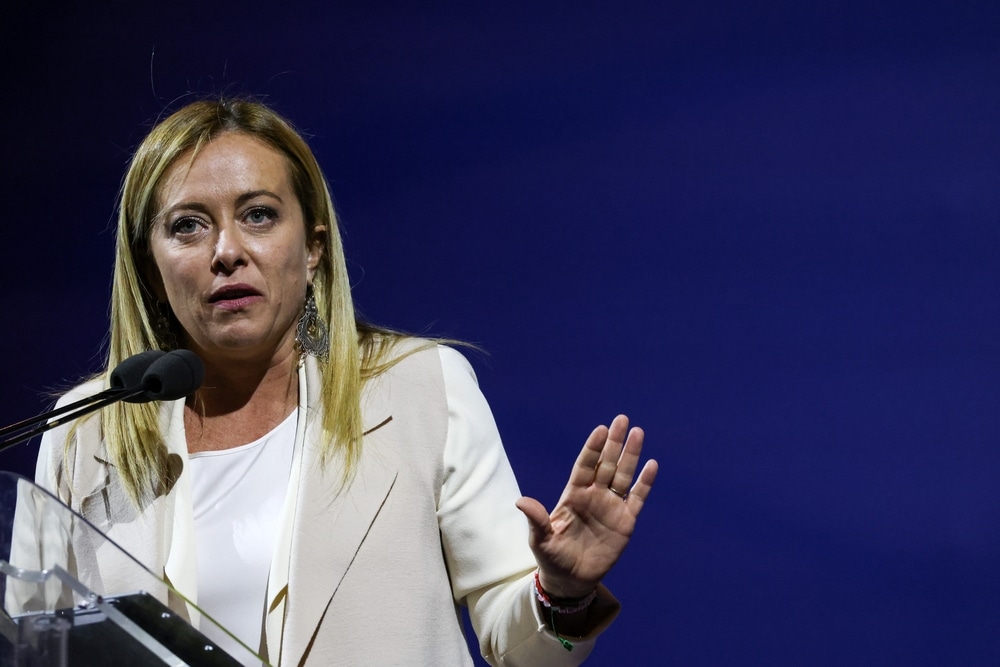 Giorgia Meloni, présidente du Conseil italien, lors d'une prise de parole